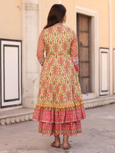 Green Cotton Ikat Printed Layered Maxi Dress With Thread Embroidery & Dori Tassel Tie-Up At Waist-S4491GREEN